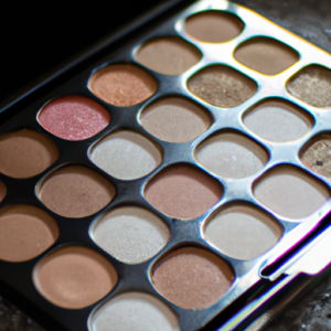 A close-up of a makeup palette with colorful eyeshadows and highlighters.