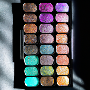 A glamorous makeup palette with sparkles, glitter, and colorful shades of eyeshadow.