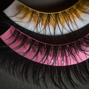 A close-up of a pair of false eyelashes in vibrant colors, curled and arranged in a dramatic look.