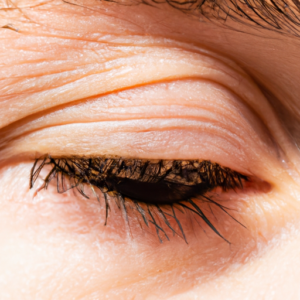 A close-up of a woman's eyes, with naturally curled eyelashes.