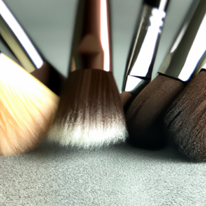 A close-up of a selection of makeup brushes with a smooth, matte background.