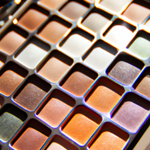 A close-up of a colorful eye shadow palette with different shades of eyeshadow.