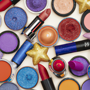 A close-up of a vibrant selection of colorful makeup products arranged in a starburst pattern.
