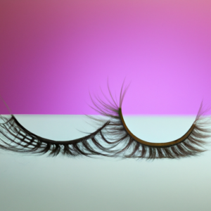 A close-up of a pair of false eyelashes against a pink and purple gradient backdrop.