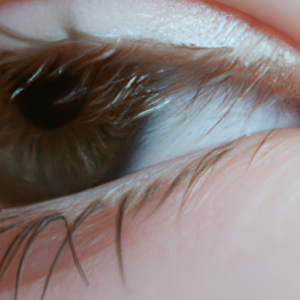 A close-up of a human eye with long, curled eyelashes.