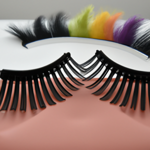 A set of false eyelashes placed atop a colorful makeup brush.