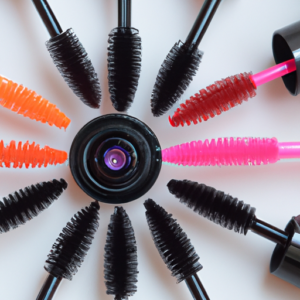 Colorful mascara tubes arranged in a semi-circle.