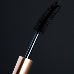 Close-up of a mascara brush against a black background.