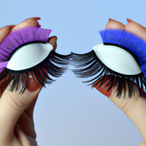 A close-up of a pair of bright blue and purple false eyelashes being held up against a light blue background.