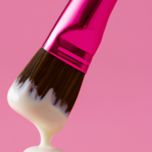 A close up of a makeup brush dabbing a white cream onto a pink background.