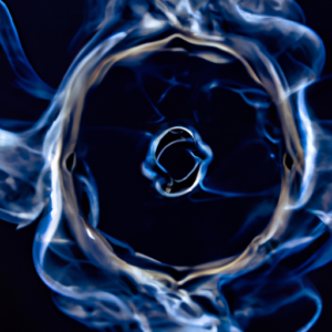 Dark blue and grey smoke swirling around a circular mirror.