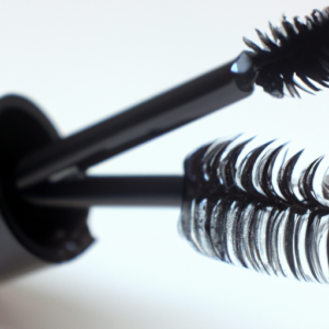 A close-up of a black mascara wand with bold, curled lashes.