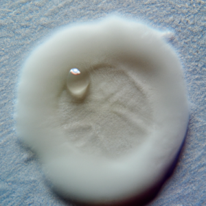 A close-up of a cotton pad soaked in liquid, with a few drops of mascara visible.