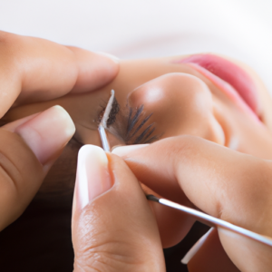 A pair of tweezers delicately removing an eyelash from a woman's eye.