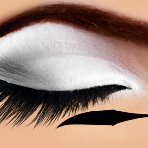 A close-up of an eye with a graphic of a winged eyeliner brush beside it.