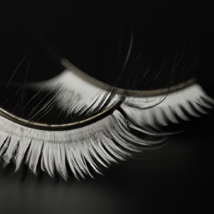 A close-up of a pair of eyelashes curled against a black background.