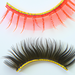 A close-up of a pair of colorful false eyelashes against a white background.