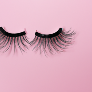 A pair of fake eyelashes placed atop a bright pink background.