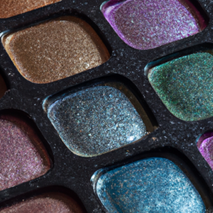 A closeup of a palette of colorful eyeshadows.