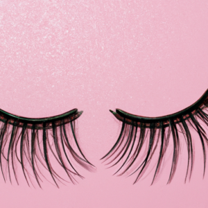 A close up of a pair of false eyelashes against a pink background.