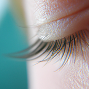 A close-up of a single eyelash, with a subtle gradient of green to blue in the background.