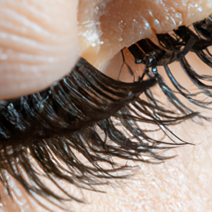 A closeup of a pair of long, curled eyelashes with mascara on them.