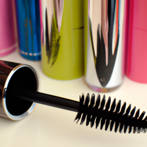 A close-up of a colorful tube of mascara surrounded by a few colorful makeup brushes.