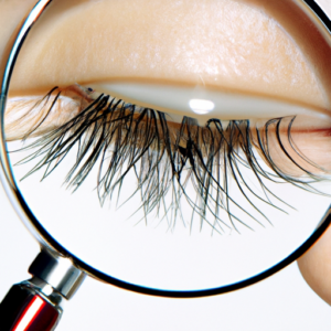 A close-up of a pair of eyelashes with a magnifying glass hovering over them.