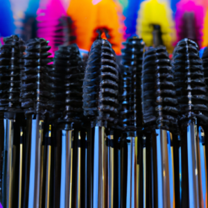 A vivid close-up of different types of mascara brushes in various colors.