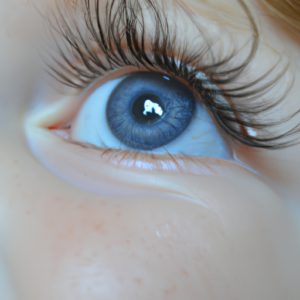 A pair of bright blue eyes with long, luxurious eyelashes.