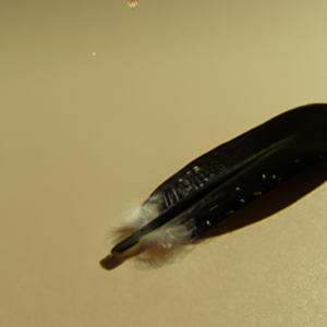 Suggestion: A close-up of a black feather with a subtle sparkle, floating against a light beige background.