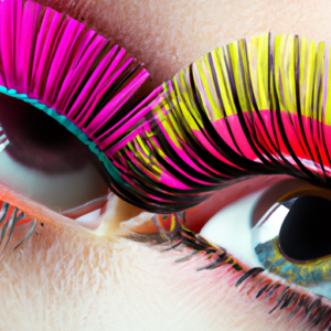 A close-up of a pair of eyelashes with colorful mascara, curling outwards.