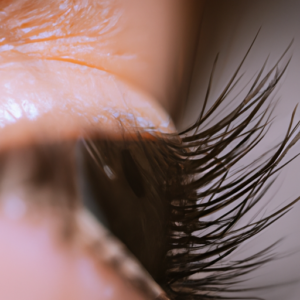 A close-up of an eye with dramatic, long eyelashes.