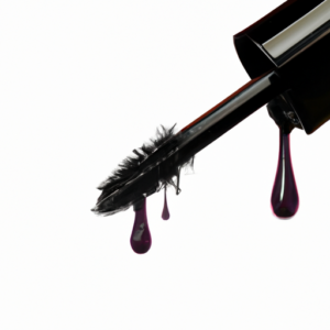 Close-up of a black and purple mascara tube dripping with mascara.