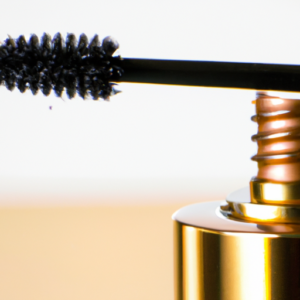 A close-up of a black and gold tube of mascara against a soft, light-colored background.