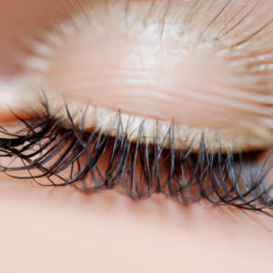 A close-up of a pair of curled eyelashes with a hint of mascara.