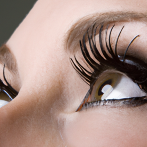 A close-up of a pair of eyes with the top lashes highlighted with mascara.