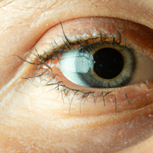 A close-up of a woman's eye with a smudged mascara streak beneath it.