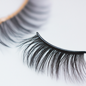 A close-up of a pair of false eyelashes curled around a makeup brush.