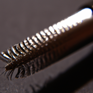 Suggestion: A close-up of a mascara wand with glistening, curved bristles.