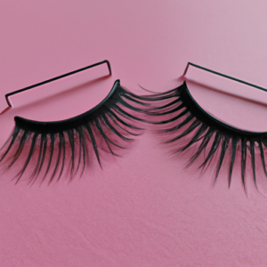 A pair of magnetic eyelashes with a bright pink background.