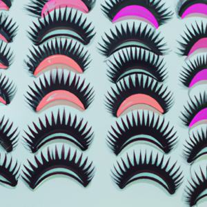 A set of false eyelashes in a variety of colors and lengths arranged in a fan shape.