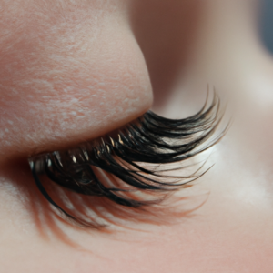 A close-up of a set of long, curled eyelashes.