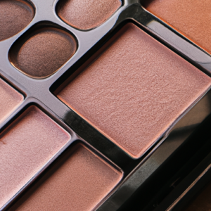 A makeup palette with a variety of eyeshadow, foundation, and blush shades.