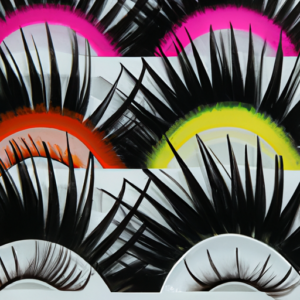 A close-up of a set of multicolored false eyelashes arranged in a fan pattern.