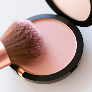 A light pink makeup brush touching a peach-colored blush compact.