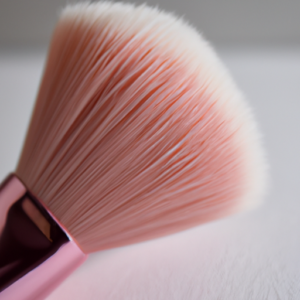 A close-up of a light pink makeup brush against a white background.