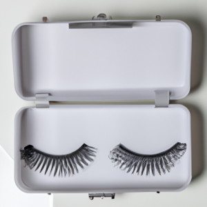 A close-up of an empty makeup case or container with a pair of false eyelashes lying on top.