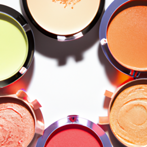 A close-up of a variety of brightly-colored highlighter makeup products arranged in a circular pattern.