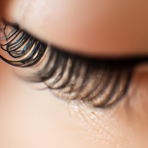 A close-up of a set of eyelashes with long, dark lengths curling outwards.